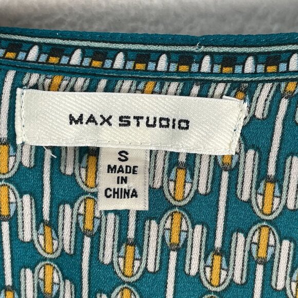 Max Studio Womens Small Geometric V Neck Peplum Blouse Teal White Yellow Shirt - Picture 6 of 13